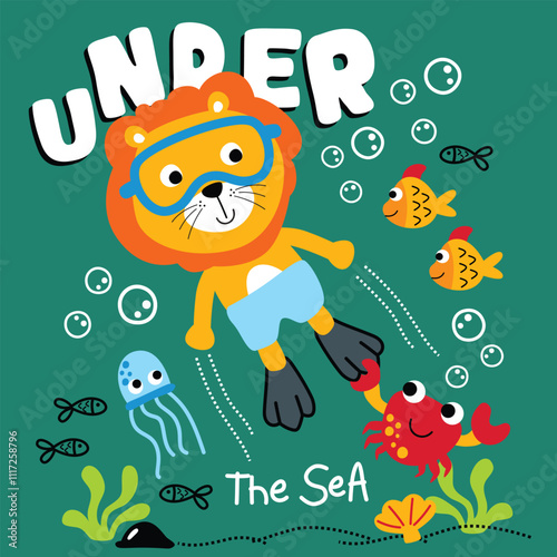 Cute cartoon lion snorkeling underwater with goggles and playful sea creatures in ocean scene. Fun kids marine adventure concept

