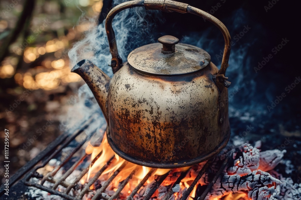 Old kettle boiling water over campfire. Old kettle boiling water over campfire.