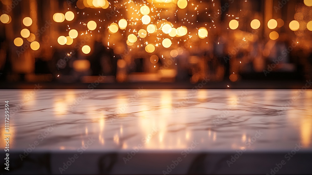 Fototapeta premium A sleek white marble table illuminated by warm golden light, surrounded by a blurred crowd with colorful New Year party lights and sparklers, evoking the energy and joy of celebration, hd resolution,