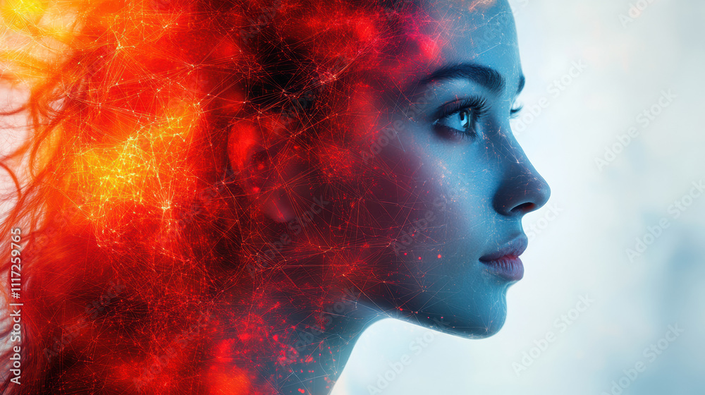 Profile of woman with fiery abstract digital effects Profile of woman with fiery abstract digital effects