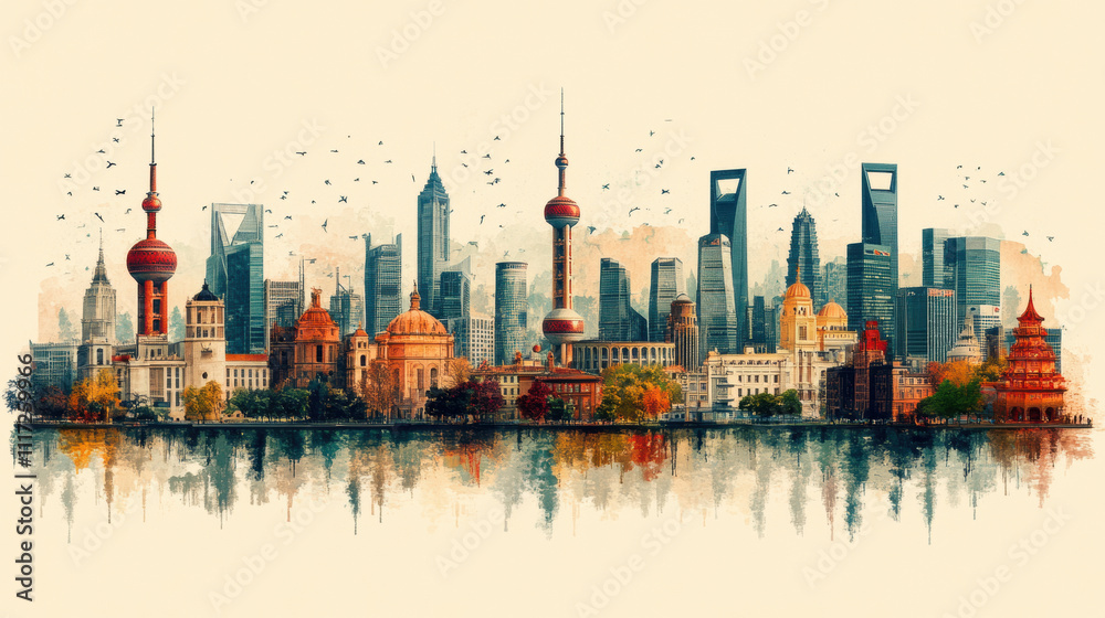 Naklejka premium vibrant skyline of Shanghai with iconic landmarks and reflections