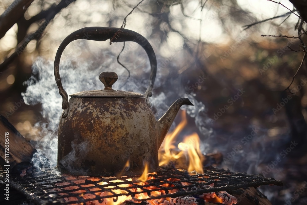 Steaming kettle over campfire in nature. Steaming kettle over campfire in nature.