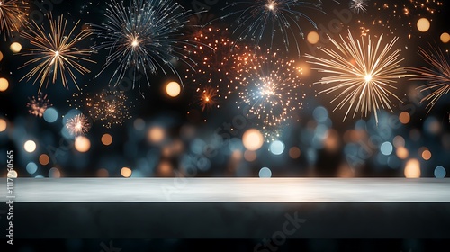 Wallpaper Mural A smooth white table softly glowing under ambient lighting, set against a blurred scene of colorful fireworks bursting across the dark sky, creating a cozy and festive atmosphere, hd resolution, Torontodigital.ca
