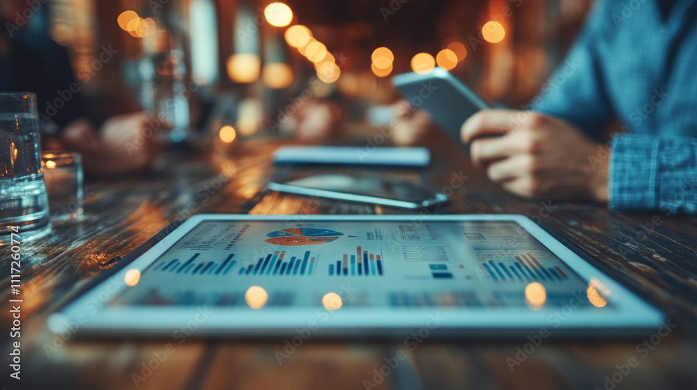 tablet displaying business analytics on wooden table tablet displaying business analytics on wooden table
