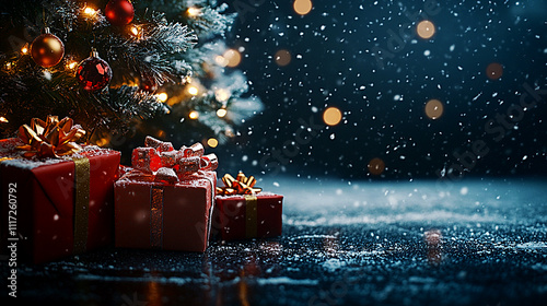 Christmas tree with red Christmas gift boxes and snow falling landscape