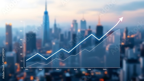 Line graph with rising property values set against a city skyline backdrop, illustrating real estate market growth, investment opportunities, and urban development trends. photo