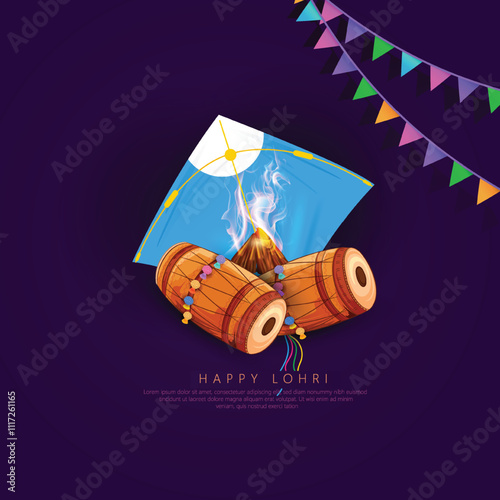 Illustration of Lohri Celebration With Colorful Dhol And Traditional Elements, temple, and festive decorations. Perfect for Lohri invitations and greetings, capturing the spirit of the Punjabi festiva