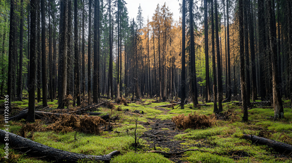 An image showing the effects of acid rain on forest ecosystems with damaged trees and foliage. An image showing the effects of acid rain on forest ecosystems with damaged trees and foliage.