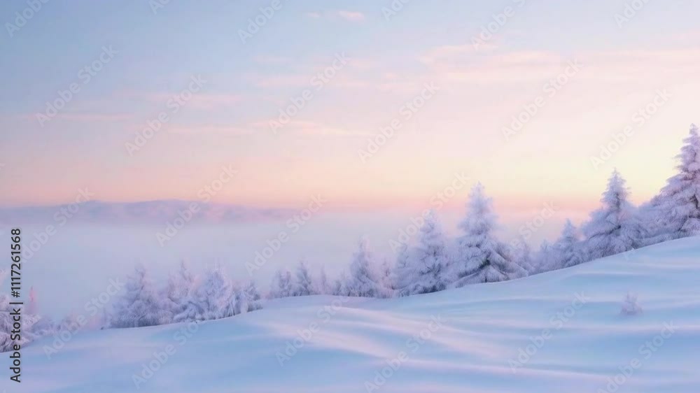 A serene winter landscape with snow-covered trees and a pastel sky at sunset. A serene winter landscape with snow-covered trees and a pastel sky at sunset.