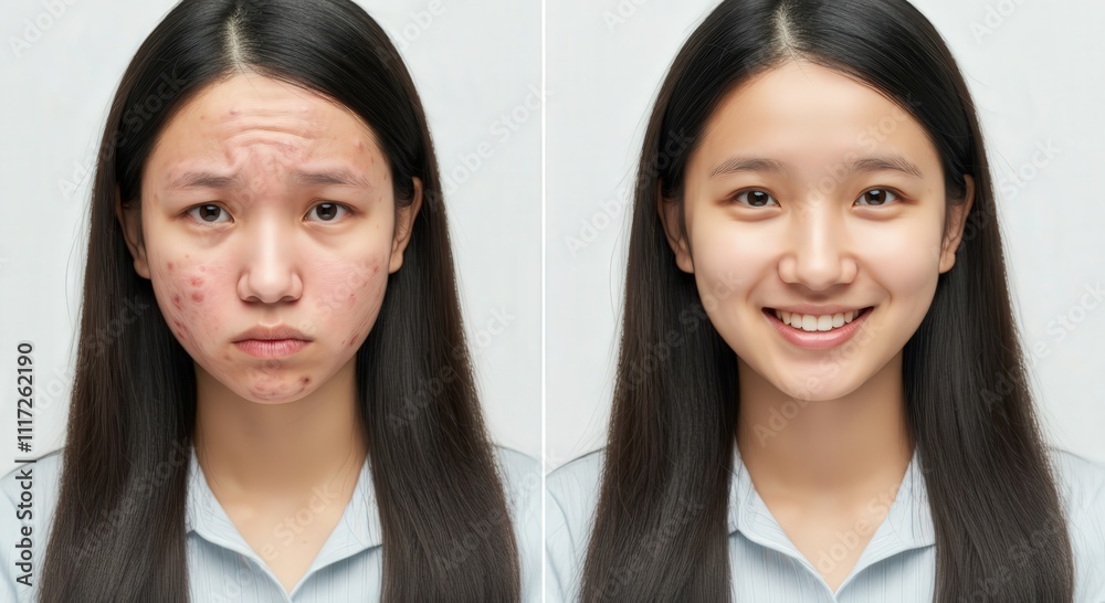 Transformation of asian female teen showing acne treatment results Transformation of asian female teen showing acne treatment results
