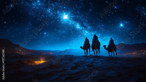 Christmas Jesus birth concept - Adoration of the Magi, Three Wise Men, Three Kings, and the Three biblical Magi with camel silhouettes journeying in sand dunes of desert follow Bethlehem star at night