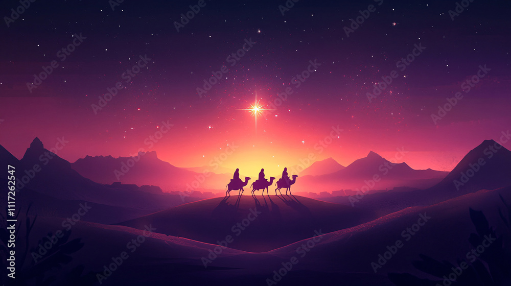 Fototapeta premium Christmas Jesus birth concept - Adoration of the Magi, Three Wise Men, Three Kings, and the Three biblical Magi with camel silhouettes journeying in sand dunes of desert follow Bethlehem star at night
