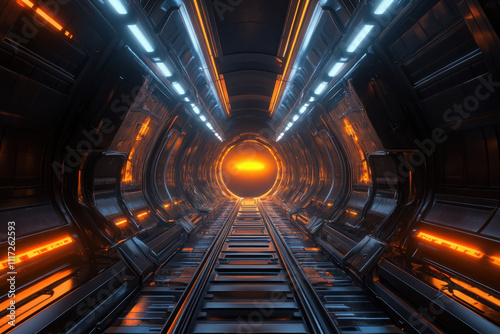 A futuristic tunnel illuminated with dynamic lights, creating a sense of speed and motion. Perfect for technology themes, sci-fi projects, or dynamic presentations.