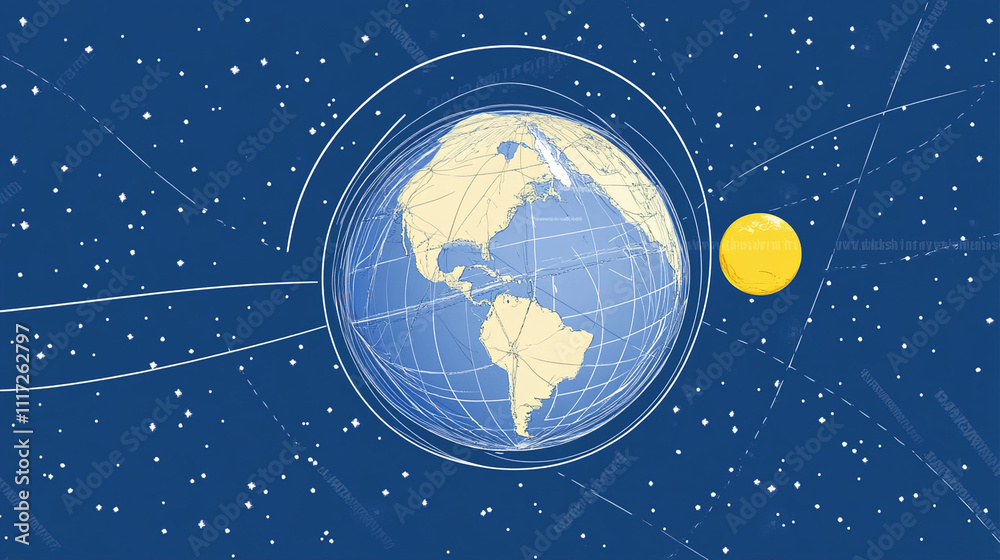 Fototapeta premium Earth axis diagram illustration showing the tilt of the Earth's rotational axis relative to its orbital plane, explaining the cause of seasonal changes and the distribution of sunlight.