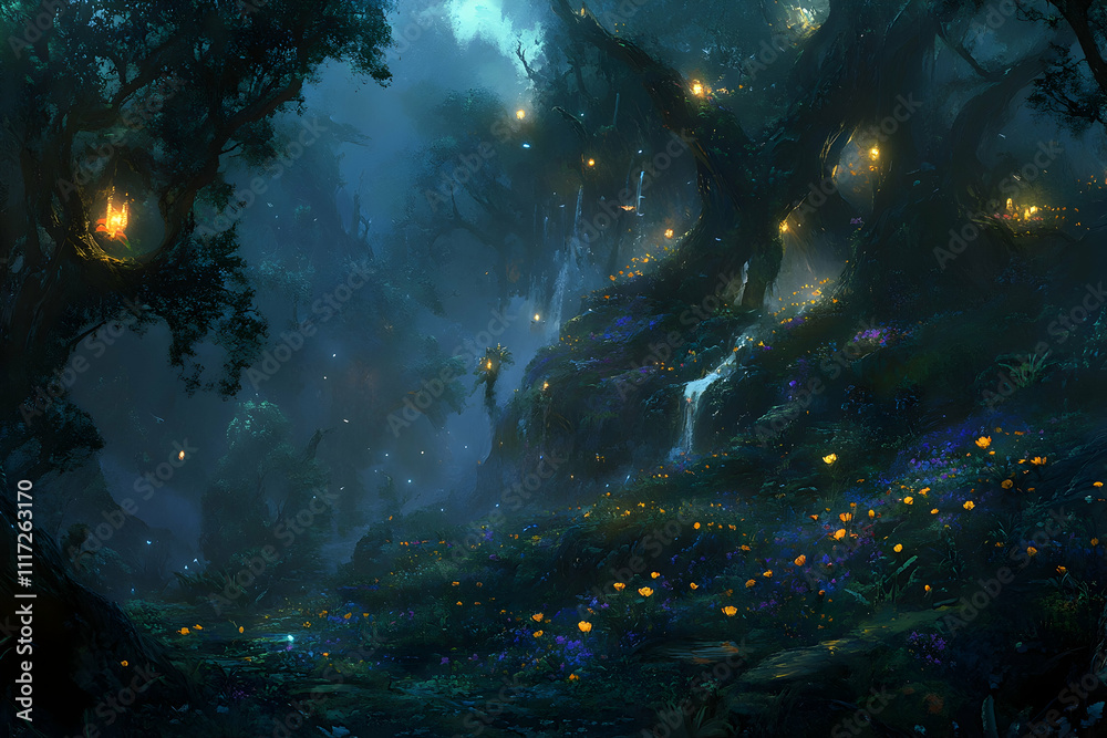 Enchanting night forest scene with glowing lights, flowers, and waterfall. Enchanting night forest scene with glowing lights, flowers, and waterfall.