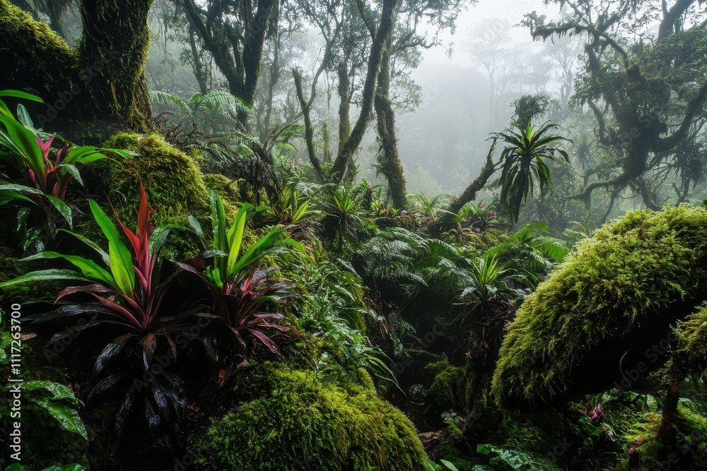 Lush, misty rainforest with vibrant plants and moss-covered terrain. Lush, misty rainforest with vibrant plants and moss-covered terrain.