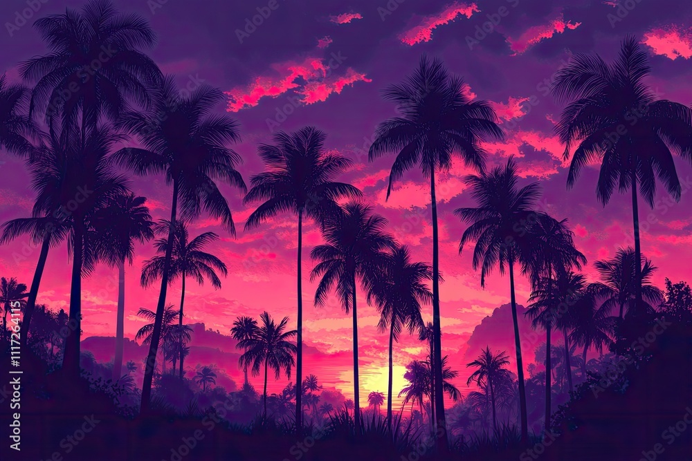 Silhouettes of palm trees against a colorful sunset. Perfect for travel, vacation, and tropical themes. Silhouettes of palm trees against a colorful sunset. Perfect for travel, vacation, and tropical themes.