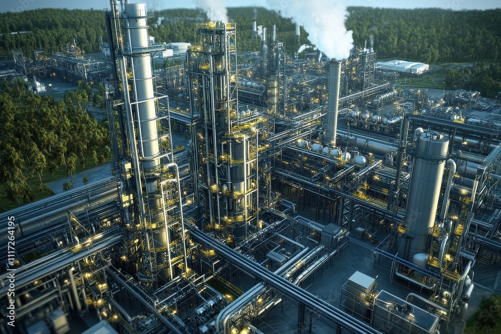 Aerial view of an industrial refinery complex, showing intricate network of pipes and towers. Illustrates large-scale industrial processes and energy production for websites, reports, and articles. Aerial view of an industrial refinery complex, showing intricate network of pipes and towers. Illustrates large-scale industrial processes and energy production for websites, reports, and articles.