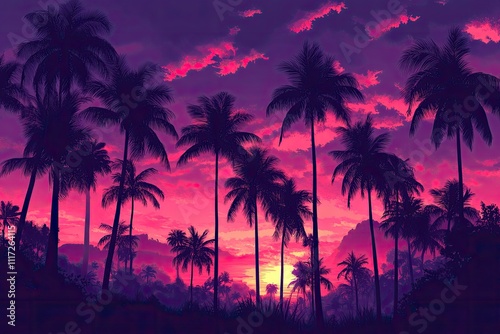 Silhouettes of palm trees against a colorful sunset. Perfect for travel, vacation, and tropical themes.