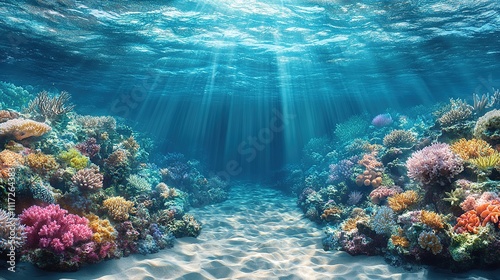 Colorful corals under sandy bottom in tropical sea. sandy sea and small corals underwater. Sea cross section.