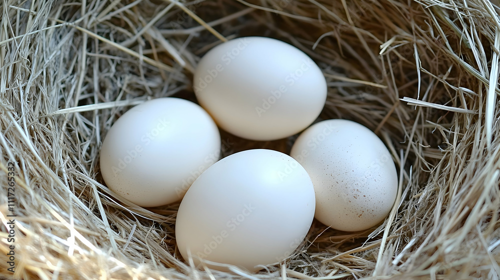 Four white eggs nestled in a bird's nest made of straw. Four white eggs nestled in a bird's nest made of straw.