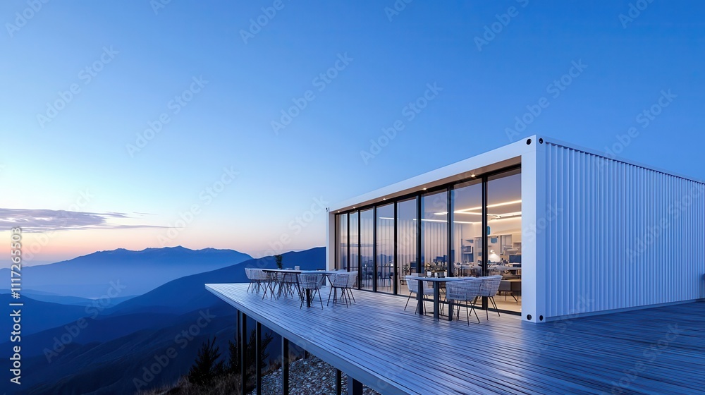 Fototapeta premium Elegant container dining room exterior with white facade, floortoceiling glass, overlooking a mountain range