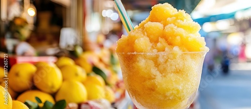 A large glass of Sicilian granita served with a brioche, vibrant lemon or almond flavors, set against a Sicilian market stall 