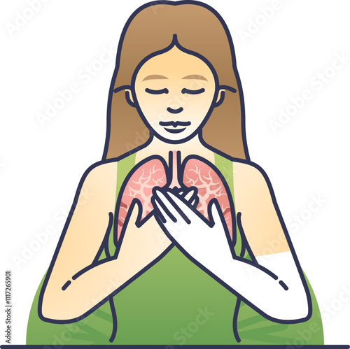 Woman practicing deep breathing with focus on lungs and relaxation.