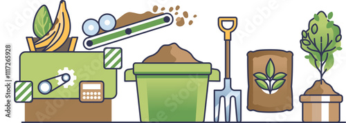 Illustration of composting process with food waste, compost bin, shovel, and plant.