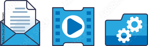 Icons of a document, video, and folder with gears symbolize digital evidence management.