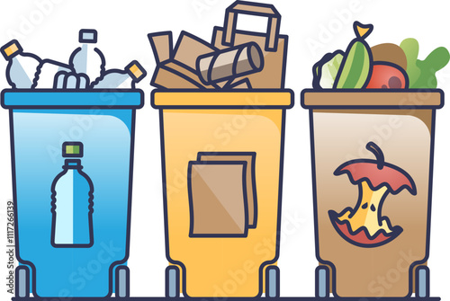 Three labeled recycling bins for plastic, paper, and organic waste, promoting waste segregation.