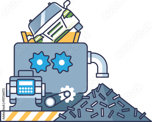Illustration of a hammer mill processing a car, symbolizing recycling and industrial machinery.
