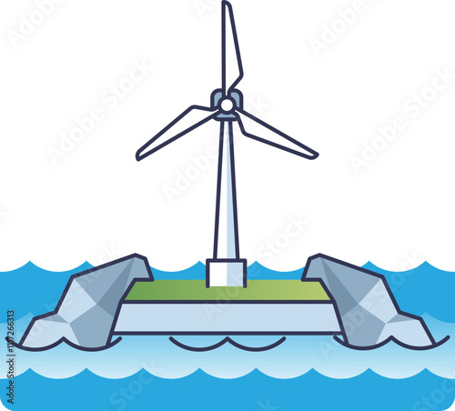 Illustration of a wind turbine on a floating island in the ocean, symbolizing renewable energy.