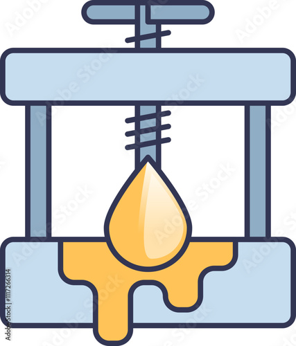Illustration of an oil press extracting oil, symbolizing production and processing.