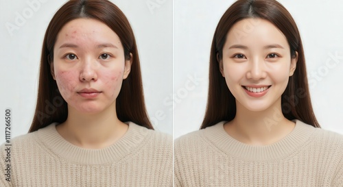 Skincare transformation of young asian female with acne to clear complexion