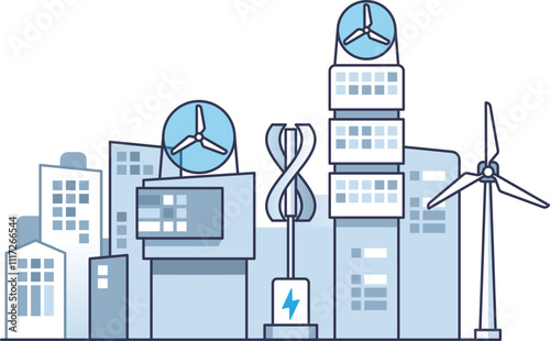 Urban skyline with wind turbines symbolizing sustainable energy.
