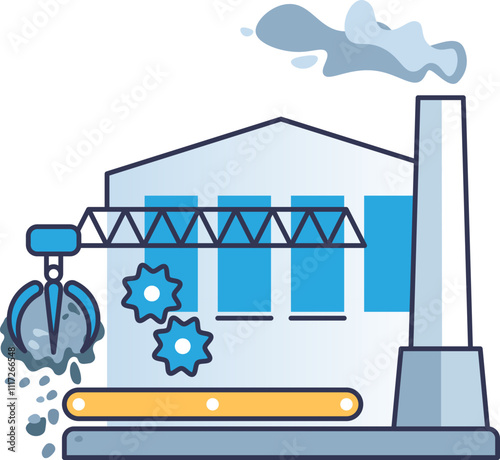 Illustration of a waste facility with a crane, gears, and smokestack.