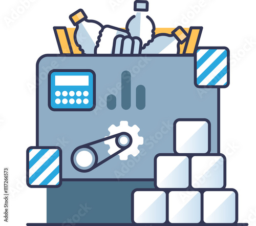 Illustration of a waste press machine compacting plastic bottles into cubes.