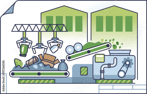 Illustration of a waste sorting facility with conveyor belts and robotic arms.