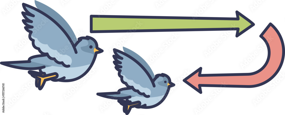Fototapeta premium Two birds flying with directional arrows, symbolizing bird migration patterns.