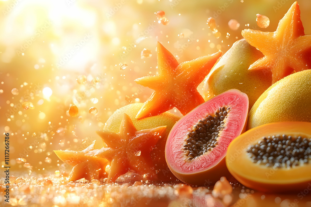 Fresh tropical fruits, papaya, star fruit, pomelo, water droplets, sunlight.