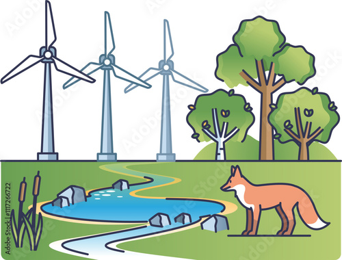 Wind turbines in nature with trees, a stream, and a fox symbolize harmony between technology and wildlife.