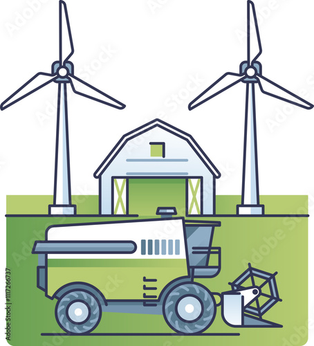 Wind turbines and a barn symbolize sustainable farming.
