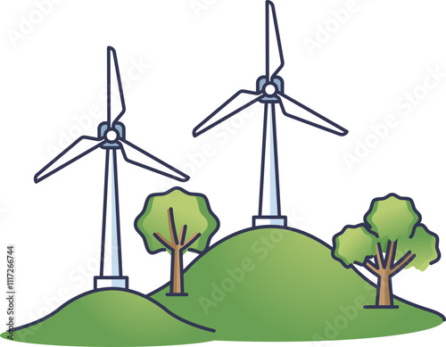 Illustration of wind turbines on green hills with trees, symbolizing renewable energy.