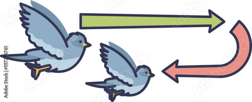 Two birds flying with directional arrows, symbolizing bird migration patterns.