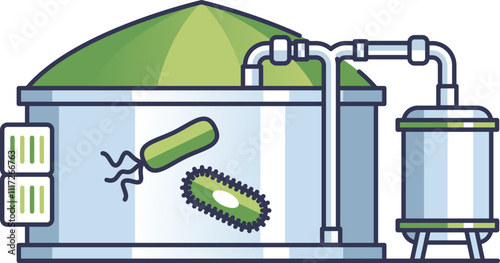 Illustration of a biogas plant with bacteria, tank, and pipes, symbolizing renewable energy production.