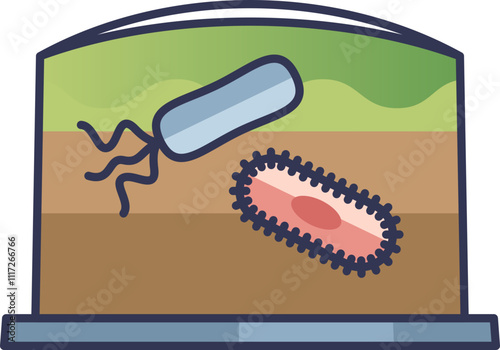 Illustration of bacteria in a biogas plant, showing microbial activity in waste decomposition.