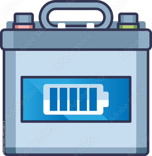 Illustration of a car battery with a charge level indicator, symbolizing energy storage and power.