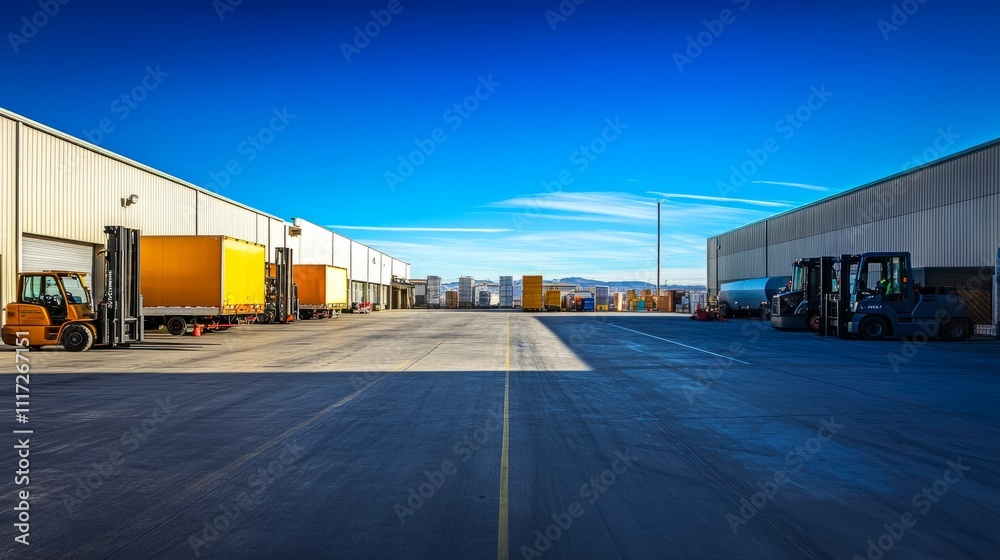 Fototapeta premium A warehouse and cargo transport facility with forklifts and delivery trucks in the parking lot, under a bright blue sky