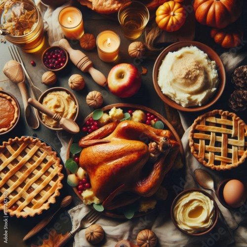 BBQ chicken , apple pie and goof ingredients on the table